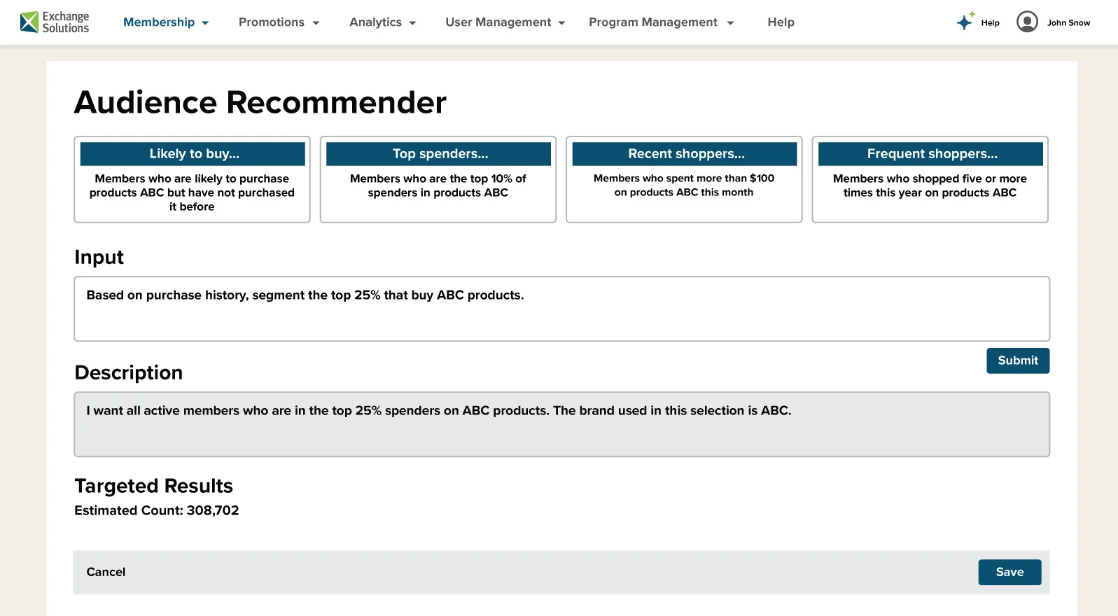 AI-powered audience recommender showing intelligent customer segmentation and targeting suggestions for personalized campaigns