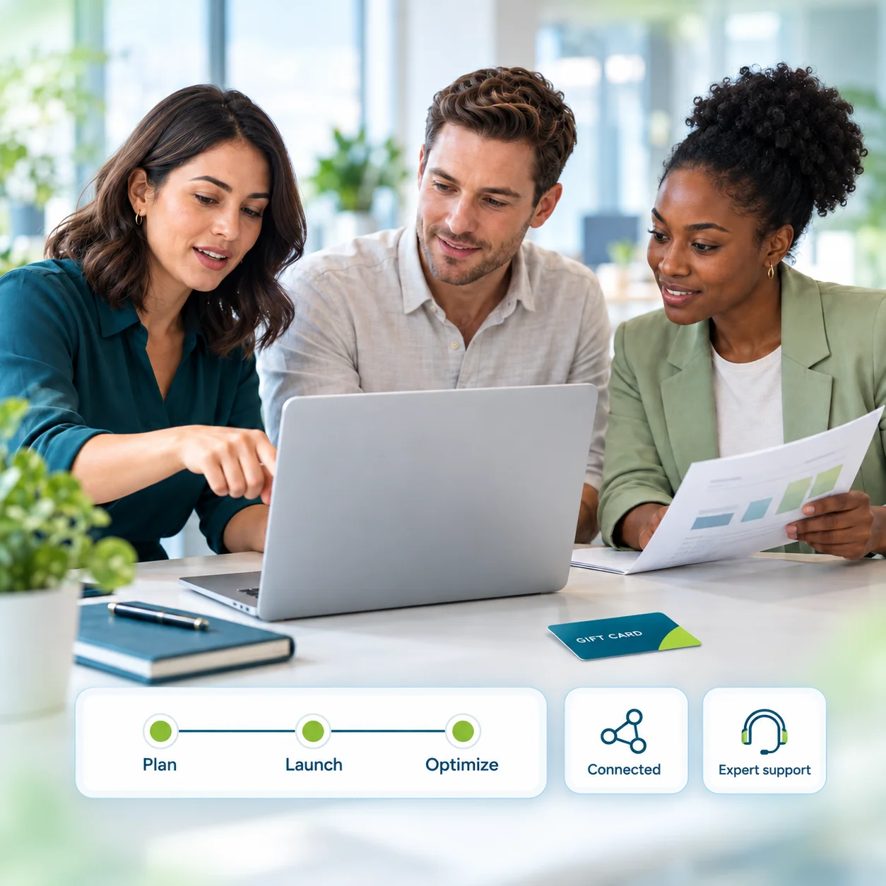 An Exchange Solutions services team collaborating at a laptop over a gift card program, with plan, launch and optimize milestones and connected expert support