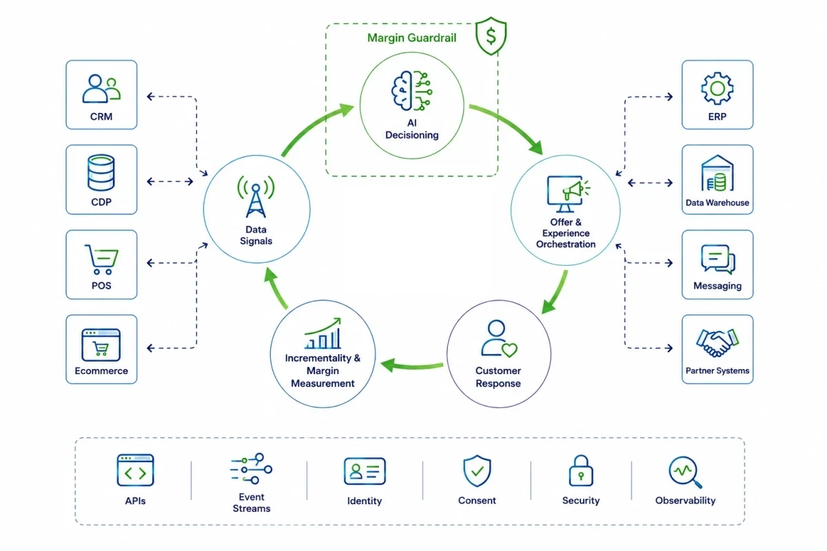 Closed-loop AI-driven loyalty architecture diagram. A central five-stage loop connects Data Signals, AI Decisioning, Offer and Experience Orchestration, Customer Response, and Incrementality and Margin Measurement, then returns to Data Signals. A dashed Margin Guardrail surrounds the AI Decisioning node. Enterprise systems (CRM, CDP, POS, ecommerce, ERP, data warehouse, messaging, and partner systems) connect to the loop with bidirectional arrows, showing the platform coordinates the existing stack rather than replacing it. A shared infrastructure layer beneath the loop lists APIs, event streams, identity, consent, security, and observability.